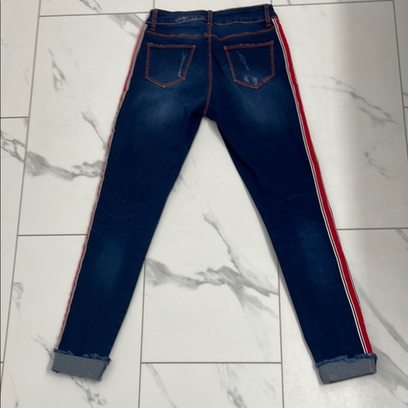 Frank Lyman Skinny Jeans with Red Tuxedo Strip, Distressed. Size M - Picture 7 of 12